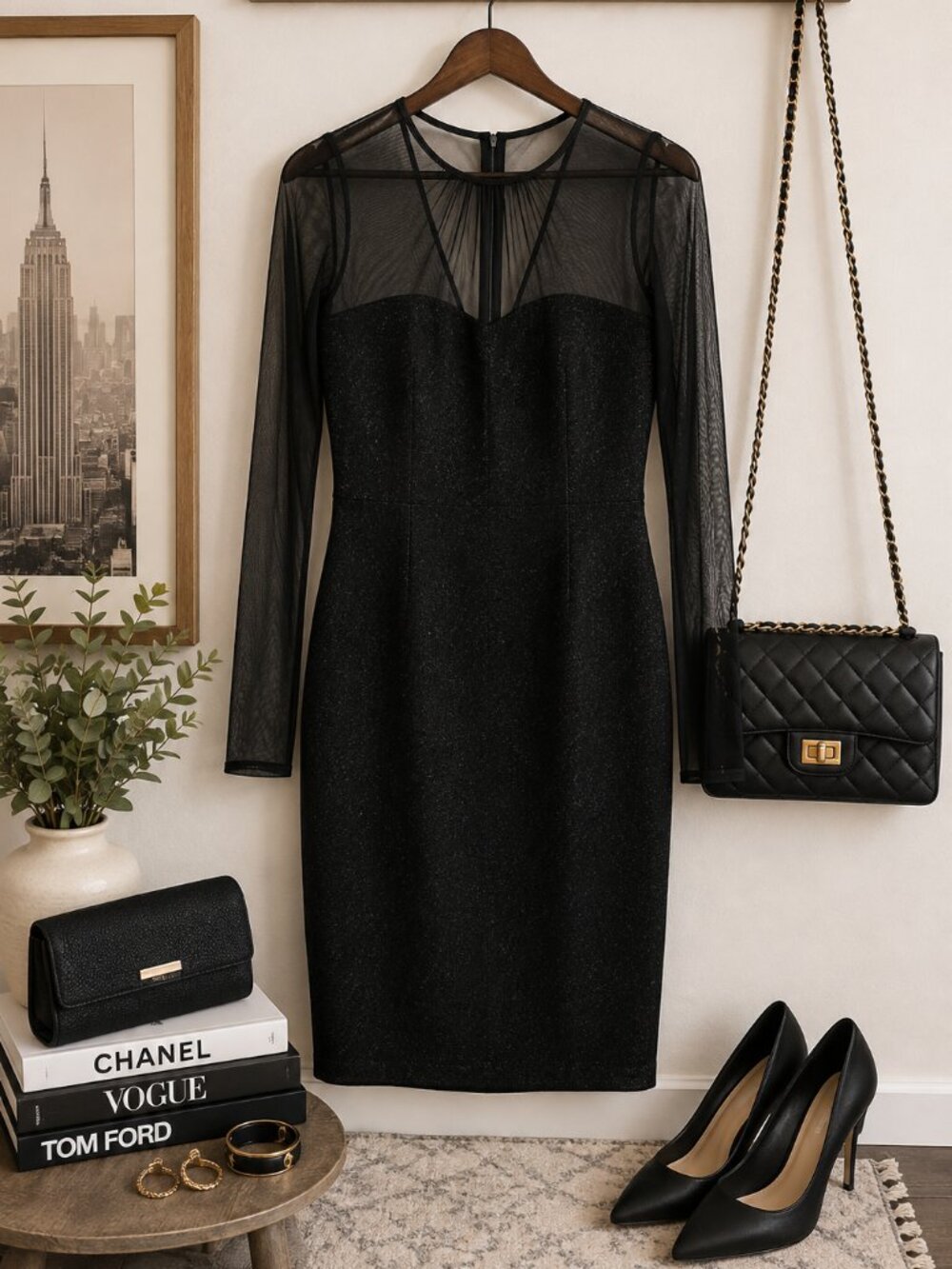 Maggie London Black Shimmer Mesh Long Sleeve Sheath Dress Size 6